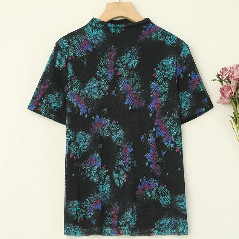 LANZIBES/蓝之蓓真丝时尚半高领短袖T恤桑蚕丝100克网纱上衣D8590