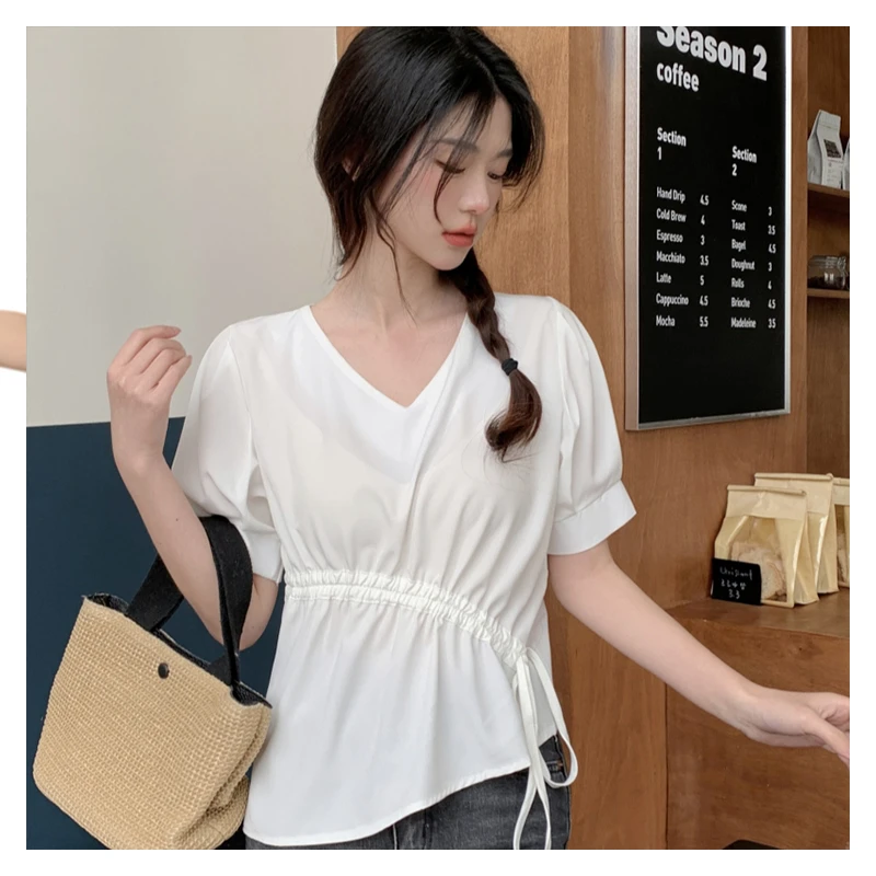 香朵儿收腰抽绳设计纯色衬衫2025夏季新款流行时尚女装泡泡袖上衣