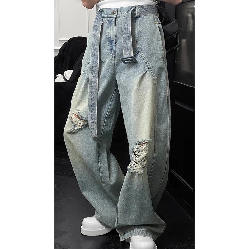 龙叨叨夏季新款潮流美式复古拼接设计感破洞腰带百搭宽松牛仔长裤