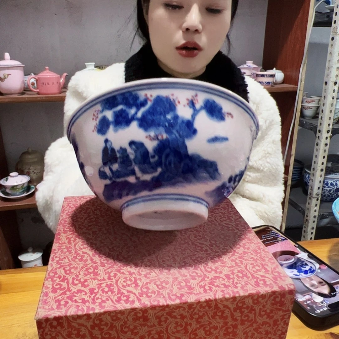 摆件瓷景德镇红xixi溪山访友6寸碗