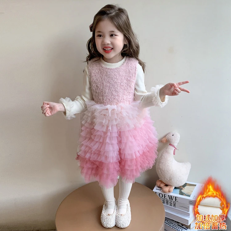 女童连衣裙冬装加绒公主裙儿童连衣裙套装新款宝宝生日渐变礼服裙