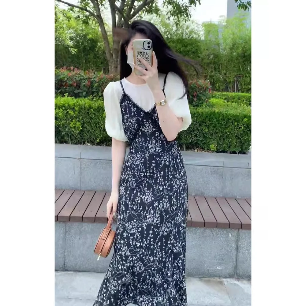 2025夏季新款显瘦假两件碎花连衣裙气质收腰遮肉薄款中长款裙子女