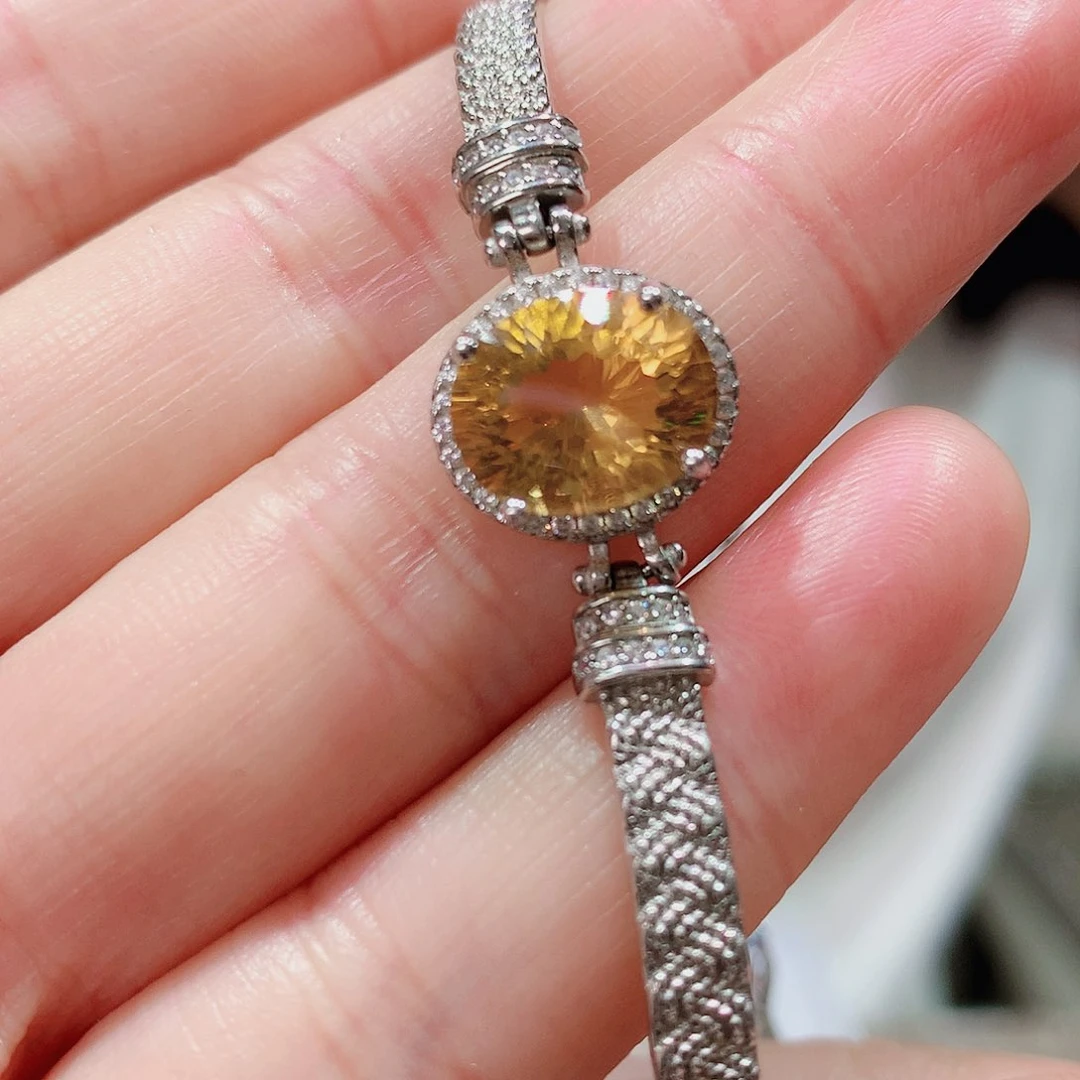 黄晶手链银S925镶嵌手镯超美