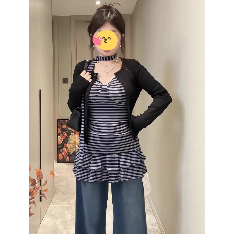 大码胖MM美式辣妹条纹吊带背心女早秋新款设计感修身内搭开衫上衣