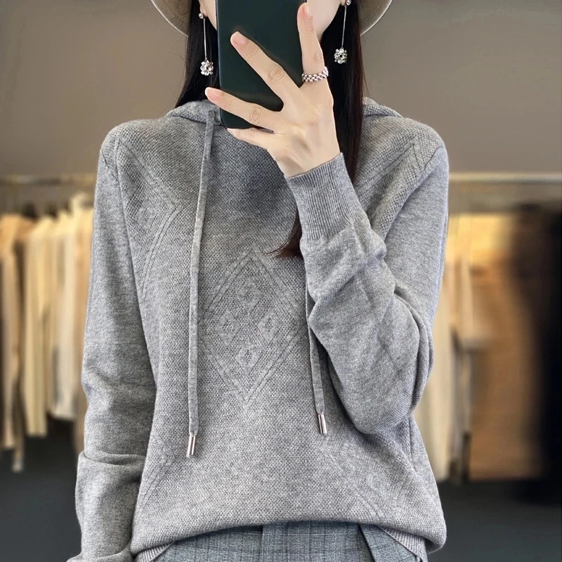 早春女士重磅针织帽衫卫衣百搭打底连帽纯色套头长袖