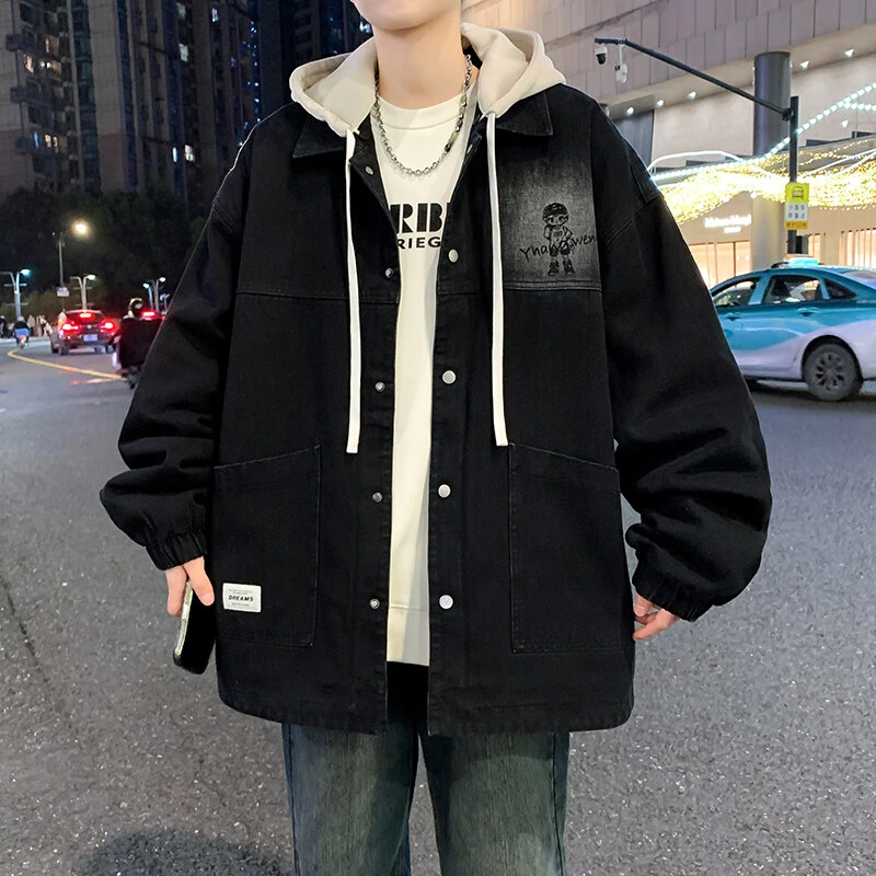 青少年学生春秋季新款男生港风潮流宽松可脱卸帽外套休闲牛仔夹克