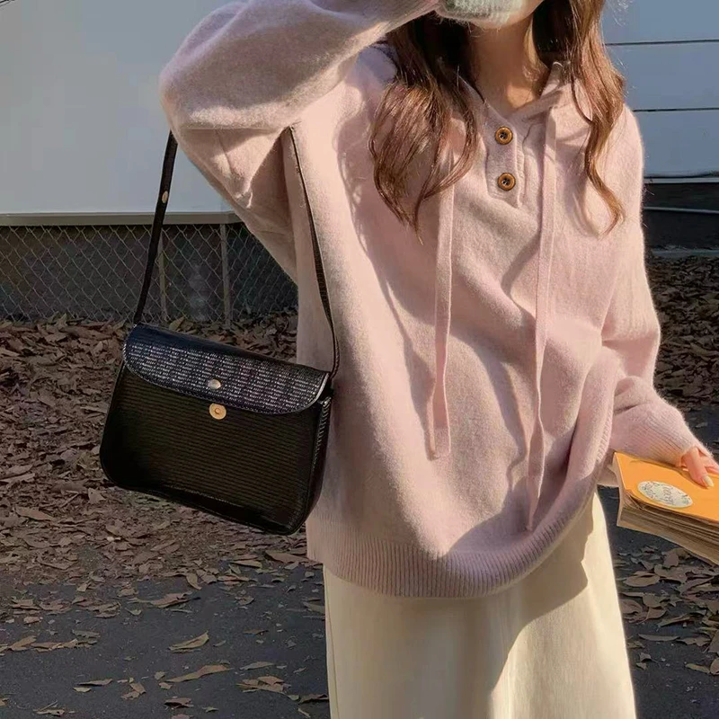 2079 连帽毛衣女秋冬季新款加厚抽绳套头毛衣宽松针织衫上衣女