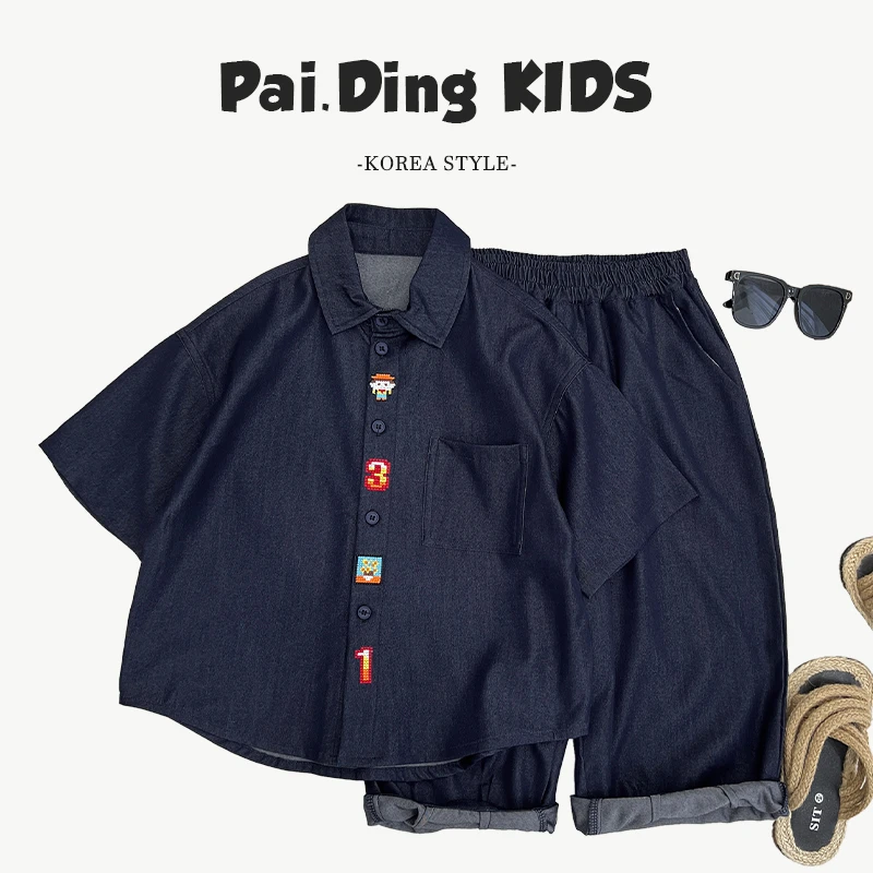 qc【兔小呗】夏装儿童韩版时休闲牛仔短袖衬衫套装HCXZ4284-XX3