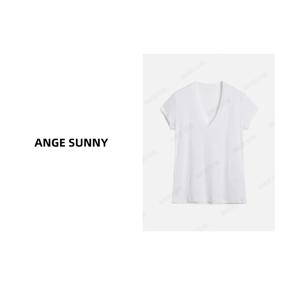 ANGE SUNNY【章若楠同款 白色亚麻T恤】V领纯色短袖百搭T恤