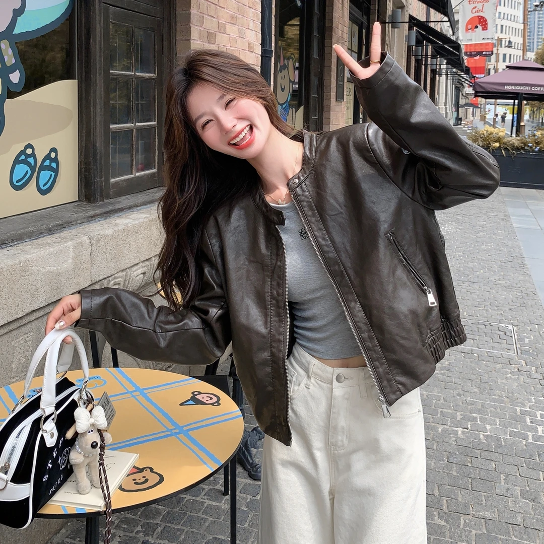 水洗皮少女风短款复古港风皮衣秋季休闲网红时尚外套春秋显瘦洋气