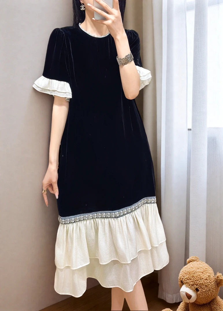 浪漫荷叶摆重工钉珠100%真丝丝绒连衣裙