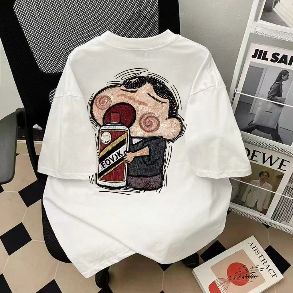 100%纯棉重磅男女短袖美式茅台小新印花国潮宽松男女潮流半袖上衣