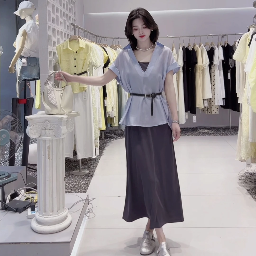 【蔷薇】夏季减龄V领短袖设计感时尚套装裙
