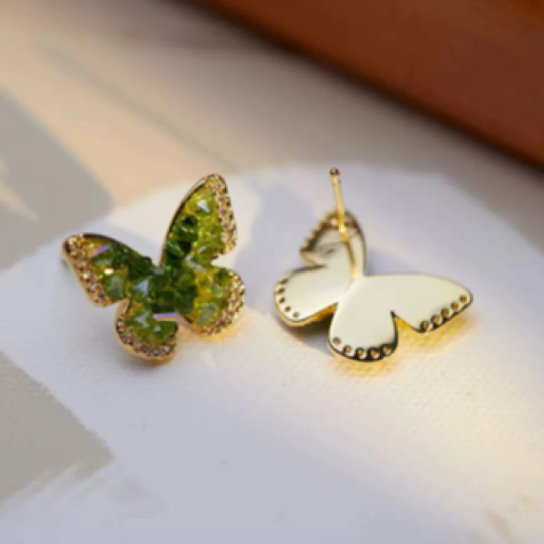 铜合金玻璃耳饰 清新森系渐变绿色水晶蝴蝶耳钉高级感气质耳饰