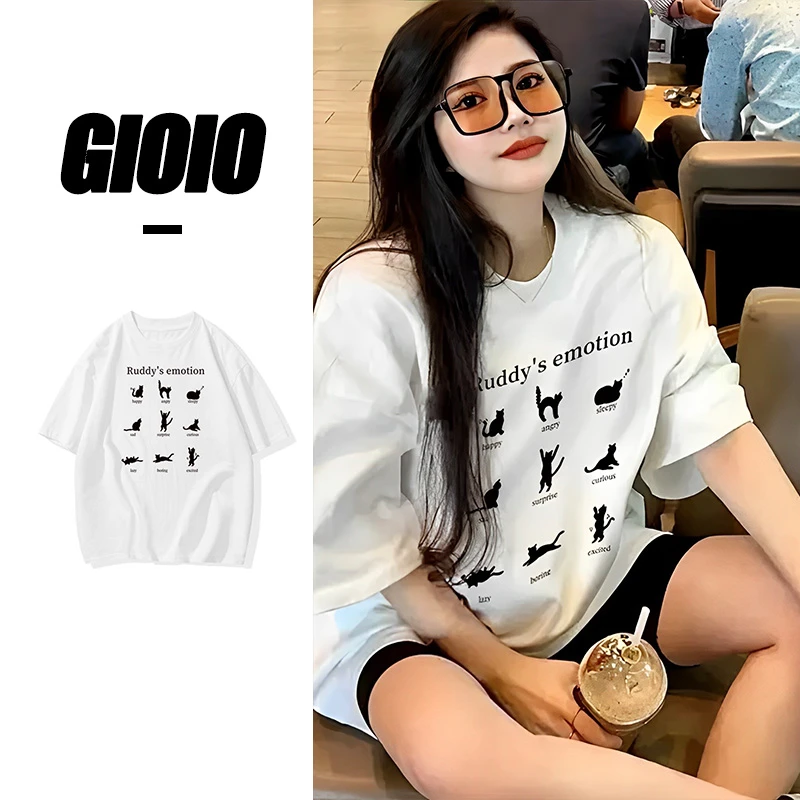 GIOIO240克重磅潮牌情绪小猫咪t恤男女同款夏季白色宽松纯棉短袖