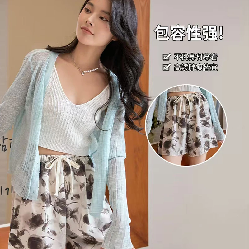 阪织屋咖色玫瑰剪影半裤休闲裤百搭夏季外穿印花短款