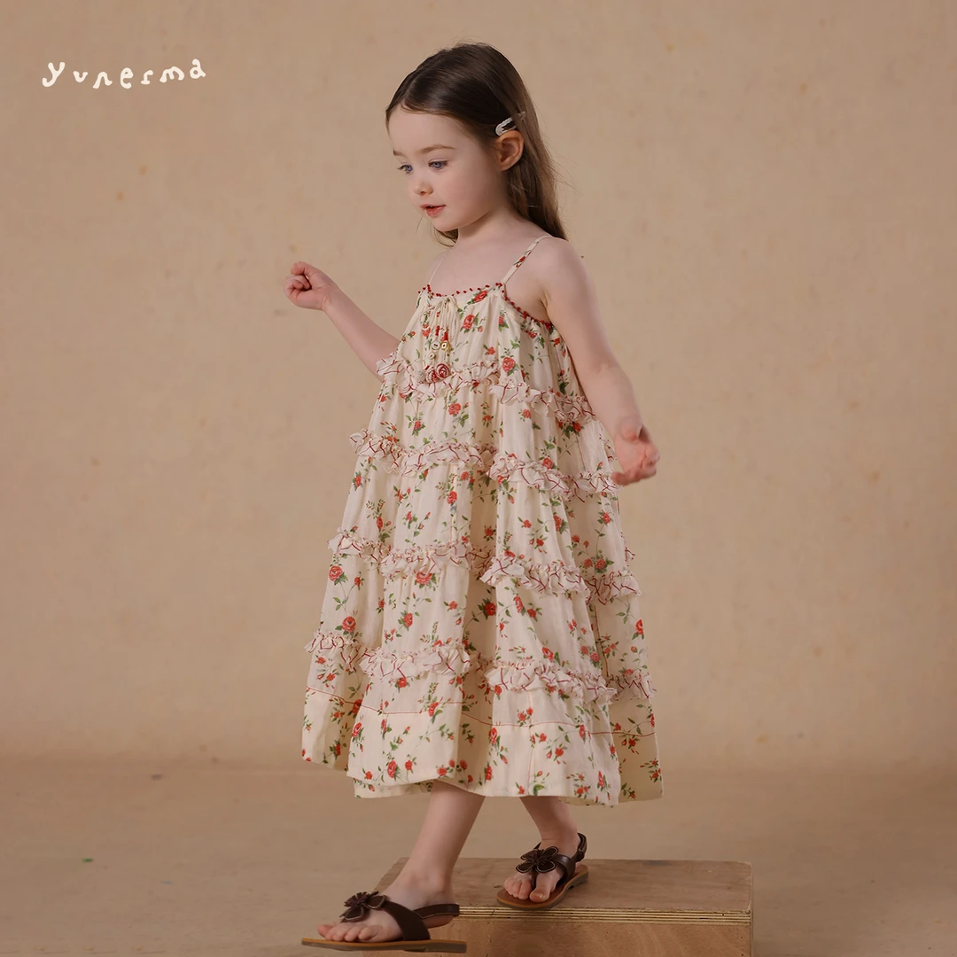 允儿妈女童纯苎麻法式碎花格子吊带裙宝宝夏季洋气连衣裙儿童裙子