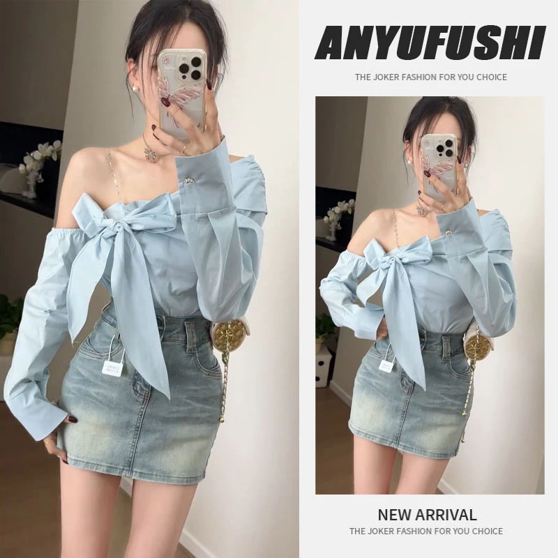秋季穿搭一整套女2025新款韩版辣妹露肩蝴蝶结衬衫牛仔短裙两件套