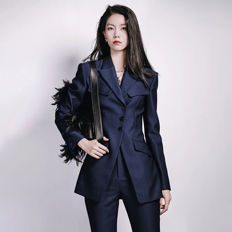 MAGGIEMA设计师款气质时尚藏蓝色修身显瘦微喇马婧865C/864P