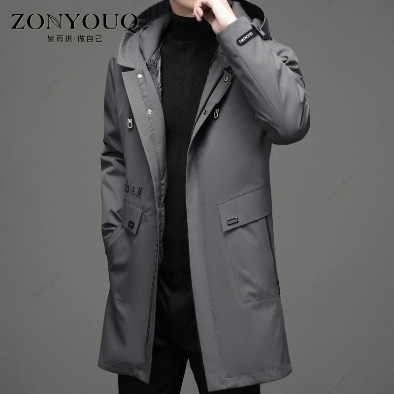 羽绒服男冬季加厚保暖中长款商务休闲可拆卸内档时尚连帽外套上衣