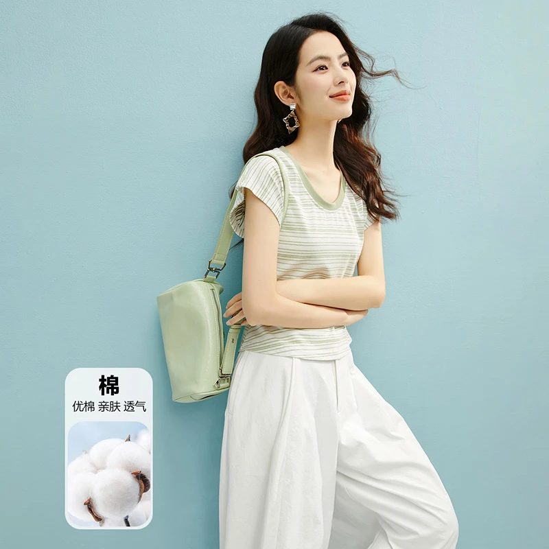 【断码清仓】2025夏上衣含棉圆领条纹短袖女25032005