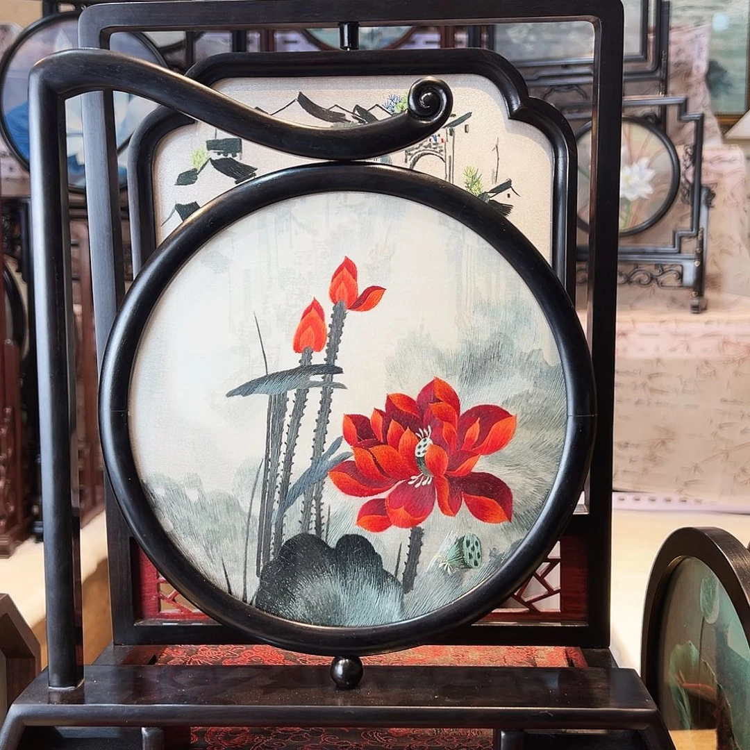 织绣苏绣摆台檀木手工双面