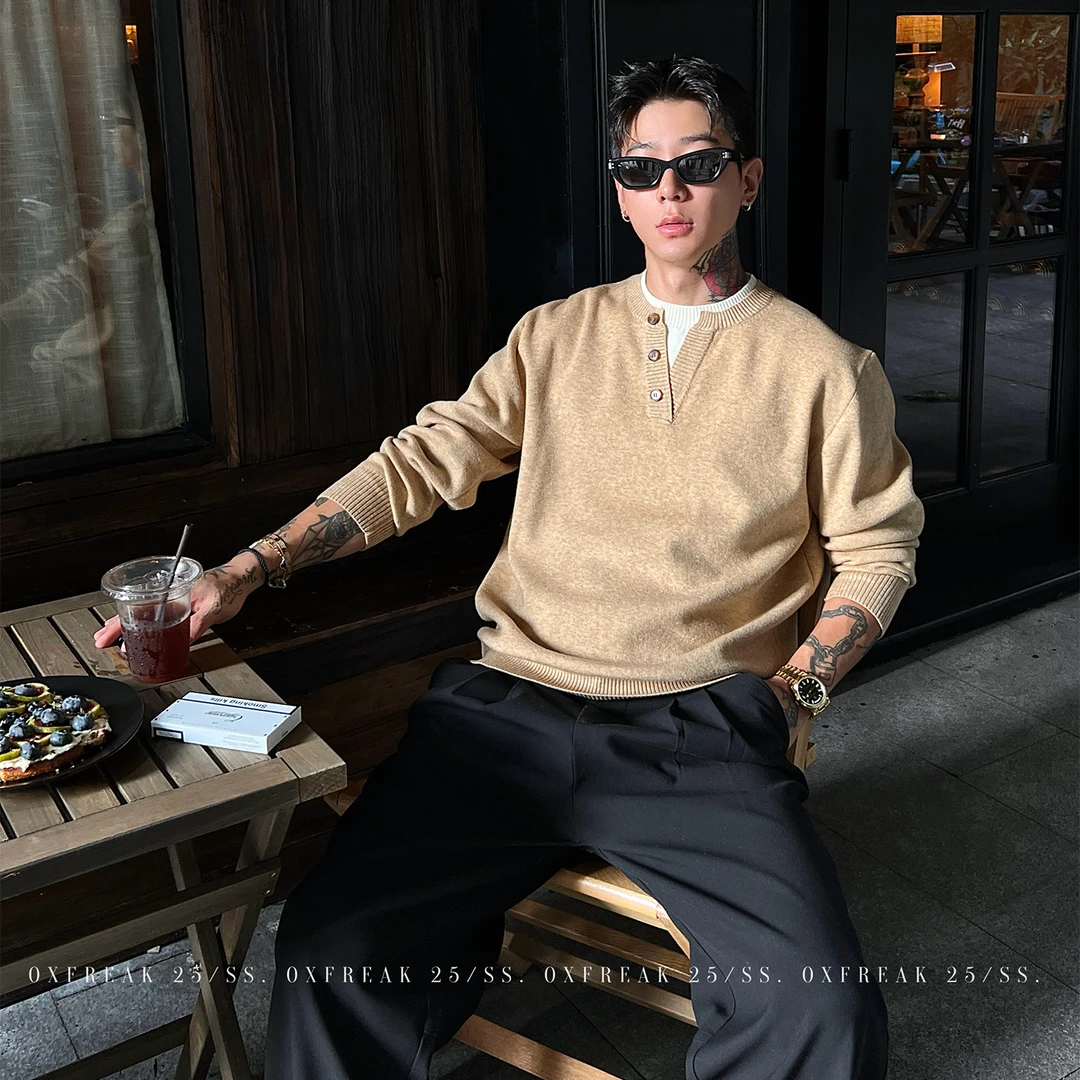 OXFREAK「定制贝母扣」老钱风假两件亨利领毛衣男秋冬保暖针织衫