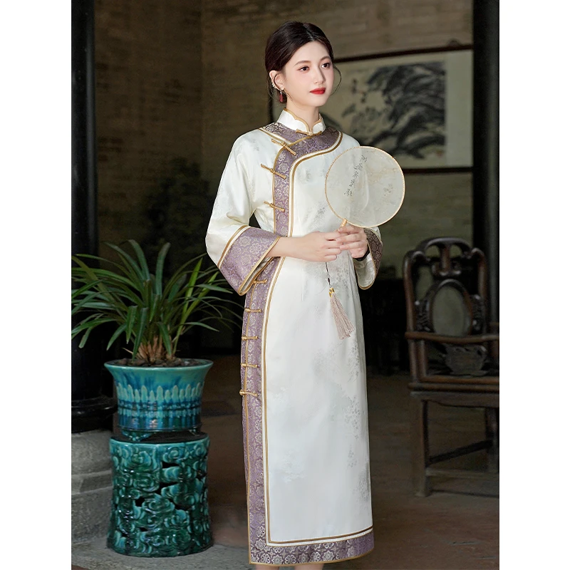 【晴川】A380秋季新款日常气质优雅中式拼接提花修身旗袍