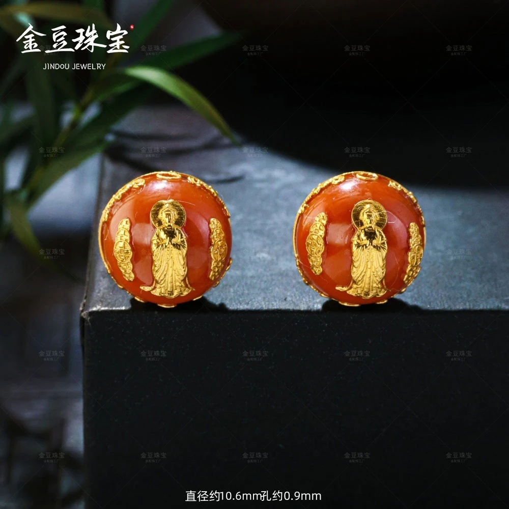 【金豆珠宝】18K金豪镶山鬼花钱度母五帝钱南红隔珠转运珠顶珠B