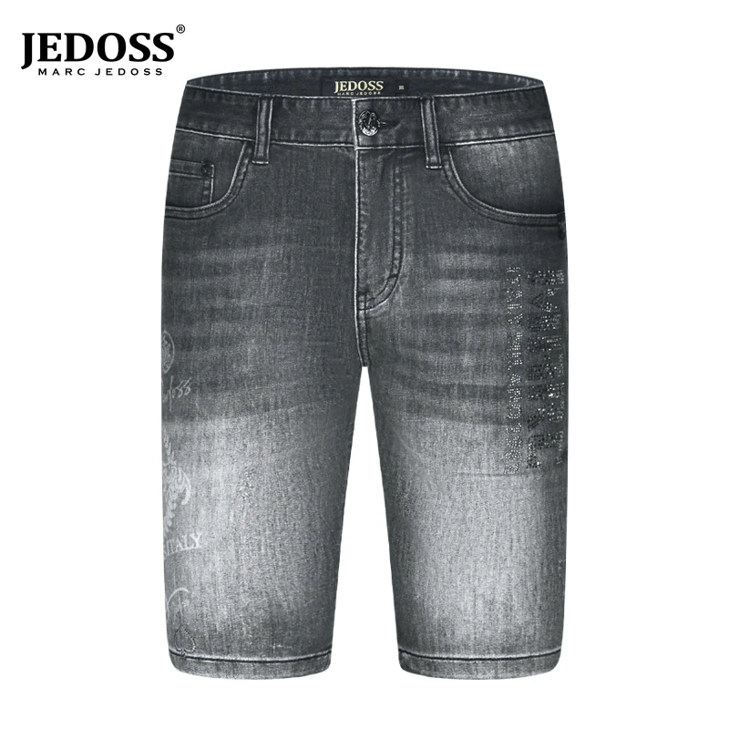 裤子JEDOSS/爵迪斯男装夏季新款字母烫钻蓝色牛仔中裤潮流BC148B