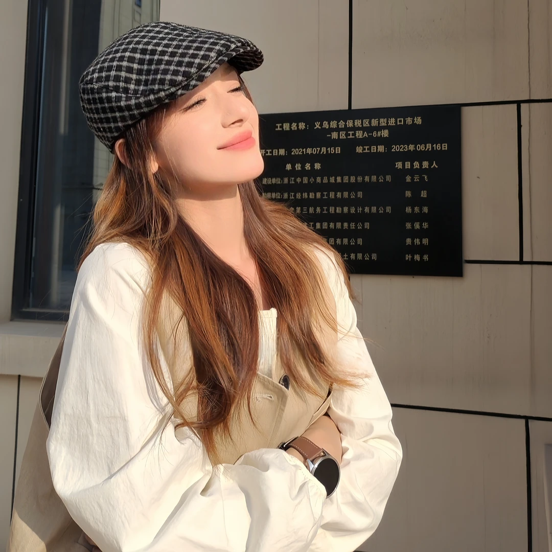 格纹贝雷帽子女春秋时尚百搭显脸小八角帽英伦复古画家帽前进帽