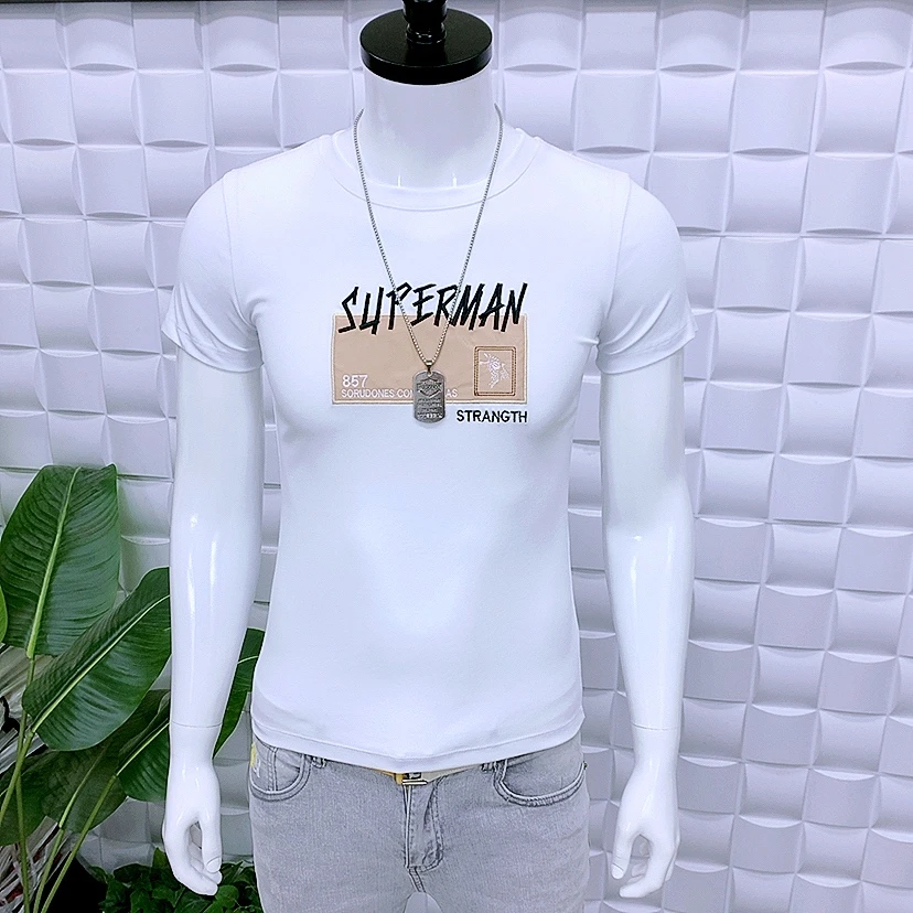 2025新款圆领短袖T恤9722刺绣字母修身版潮流时尚男装半袖