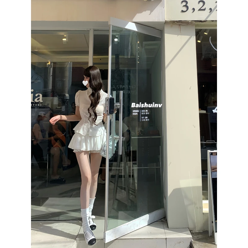 白水女 淡香小白花 衬衫女a字蛋糕裙韩系纯欲氛围感套装B50752142