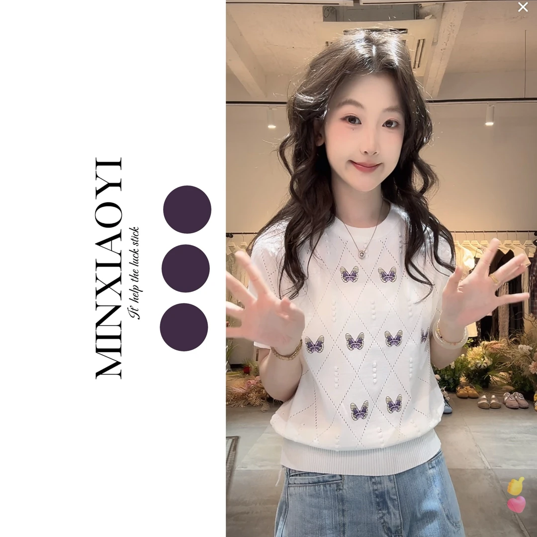 【闵笑一】蝴蝶日记 短袖冰丝刺绣设计夏季新款自带凉感上衣女装