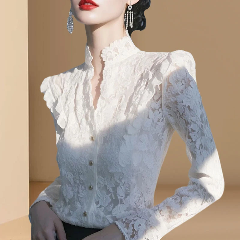2025春秋新款法式气质上衣轻奢高级感独特漂亮超好看白色蕾丝衬衫