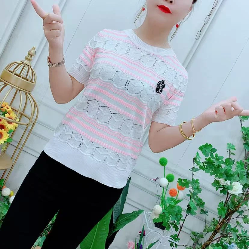 条纹镂空针织短袖t恤女2025年夏季新款气质圆领修身显瘦短款上衣