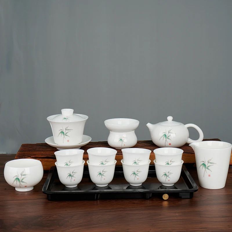 竹报平安14件羊脂玉白瓷悬停盖碗凤鸣茶壶功夫茶具套装 安全包装