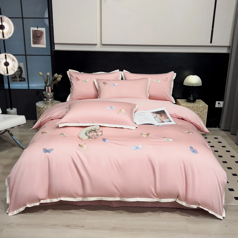 【晴美】简约轻奢全棉刺绣四件套-水彩蝴蝶-仙女粉