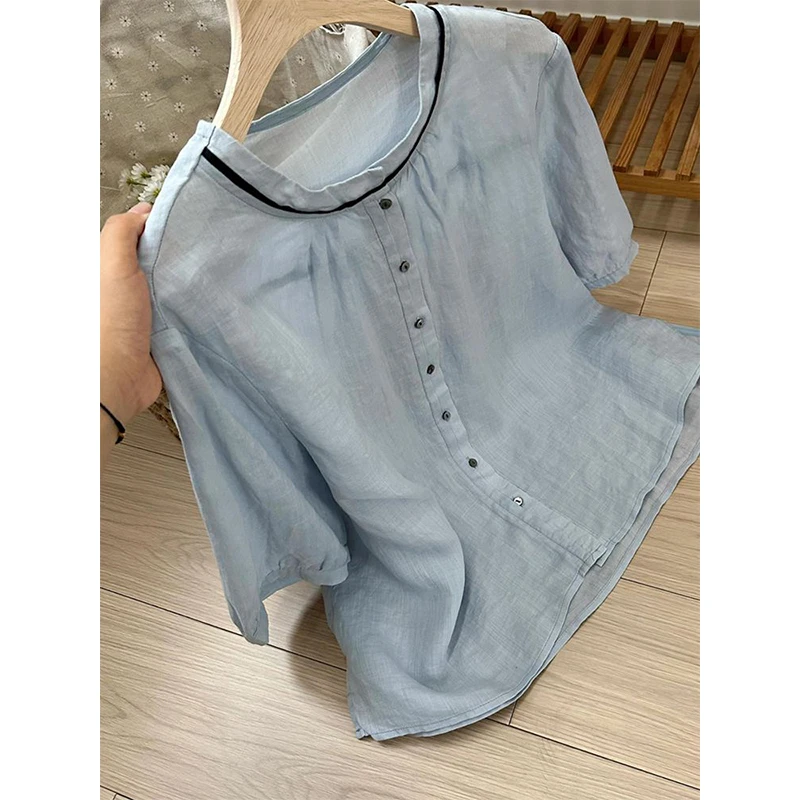 海盐蓝色高级设计感修身显瘦短袖小衫2025夏季文艺复古宽松上衣