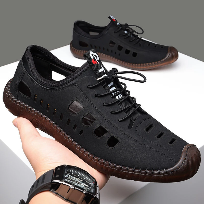 真皮牛皮男士户外潮流大码夏季透气镂空沙滩洞洞鞋牛筋底休闲皮鞋