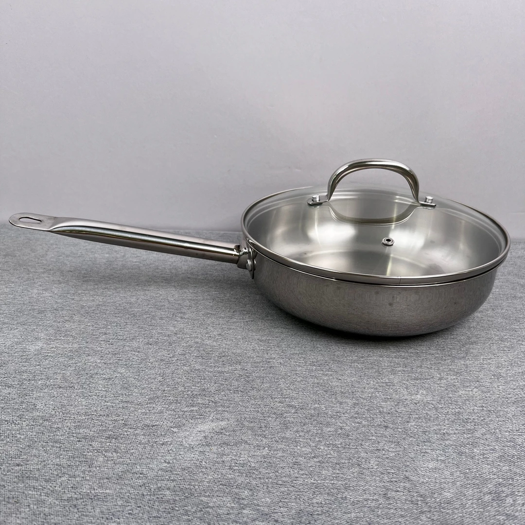 6-641 库存家用304不锈钢单柄煎锅 24*7CM 带盖重约1.33KG