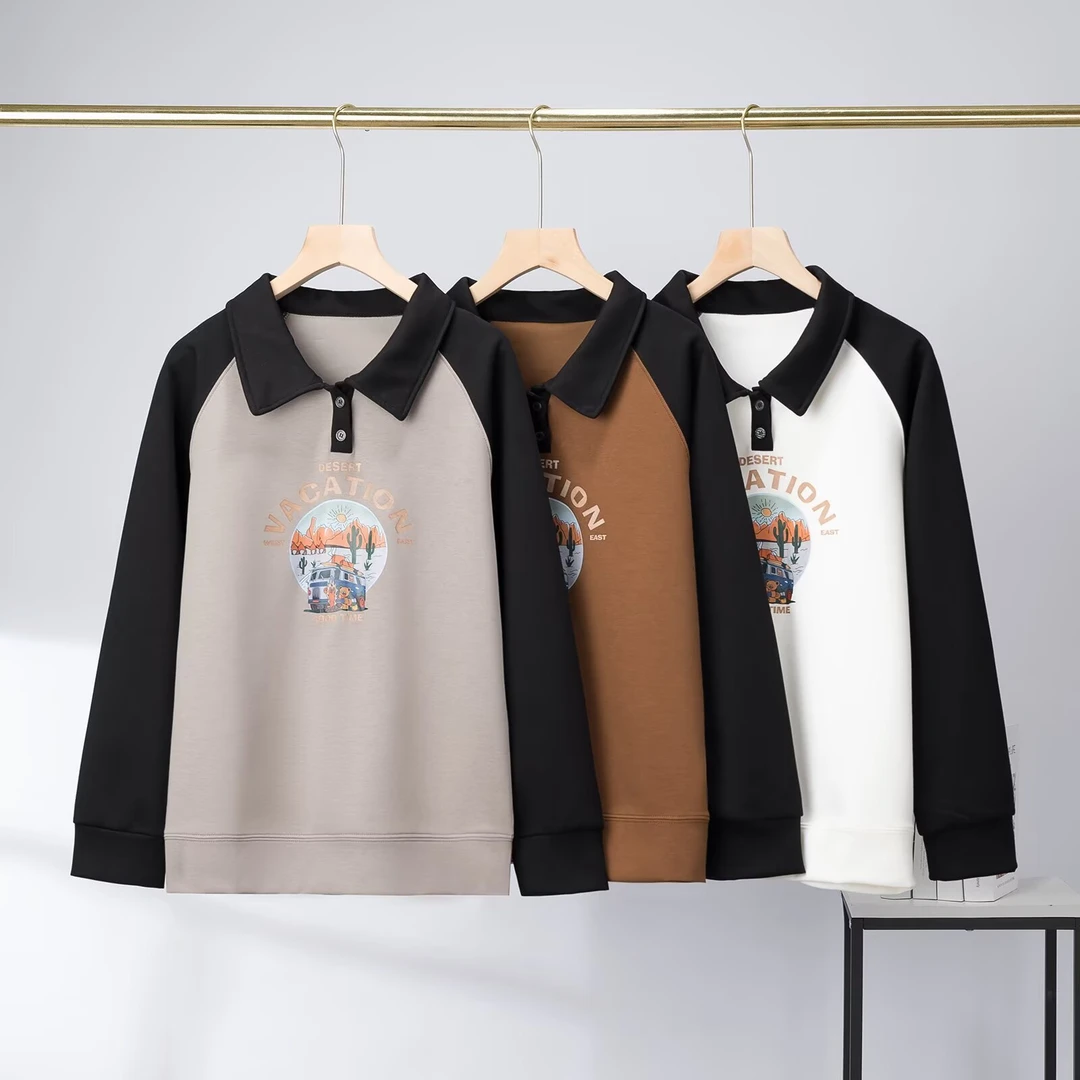 美格加110-200大码女春款翻领撞色插肩袖宽松显瘦休闲百搭卫衣