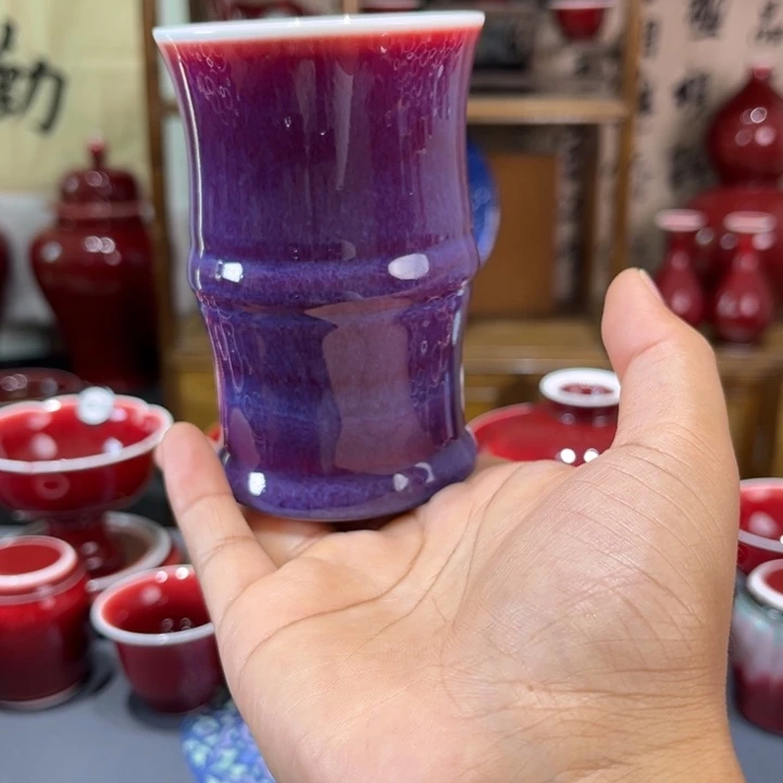 景德镇浅行窑玫瑰紫大竹节杯