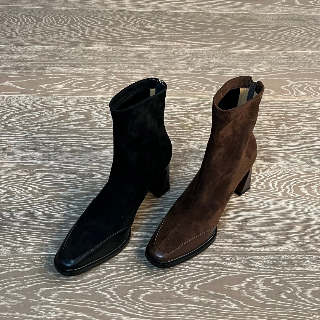 7.5CM弹力绒面短靴秋冬法式方头瘦瘦靴时尚棕色时装靴女靴气质