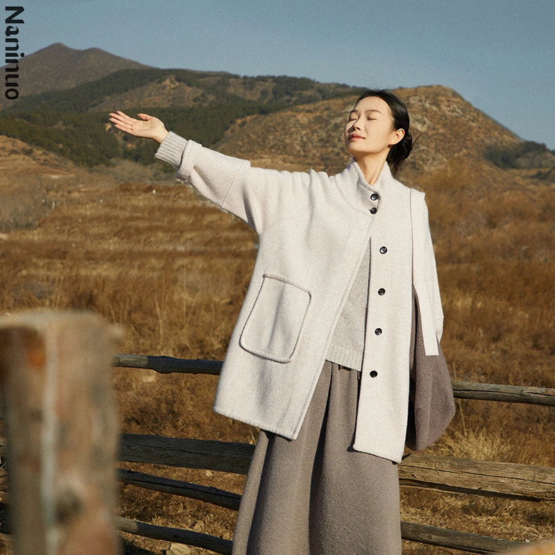 Naninuo/纳尼诺 气质立领暗扣羊绒大衣中长款NRWT23090