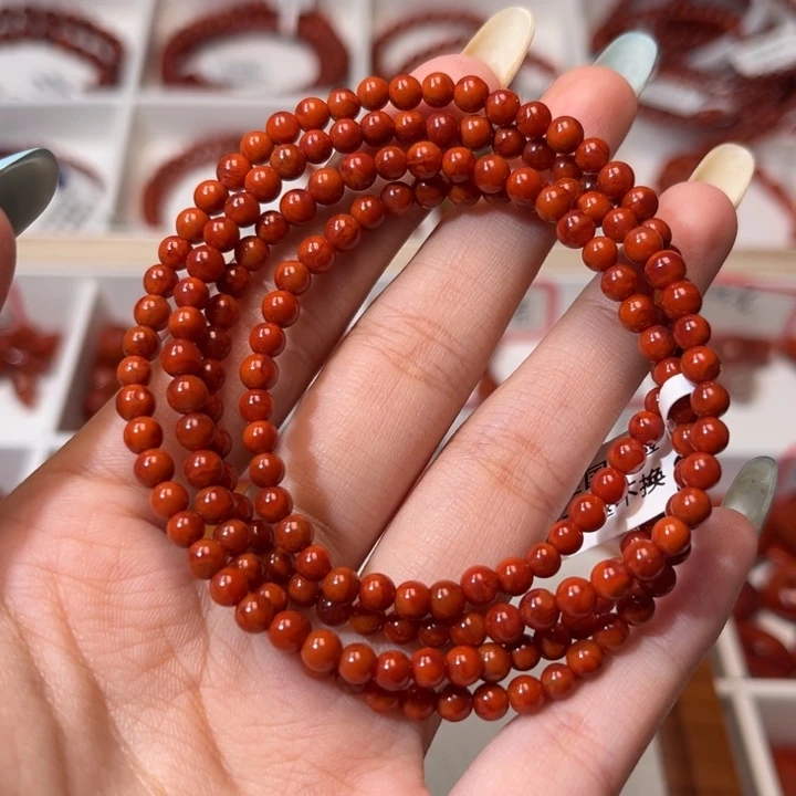 南红玛瑙未镶嵌手链满肉柿子红火焰小米珠多圈4mm