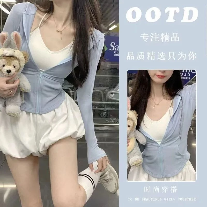 夏季百搭花苞短裤纯欲风套装运动休闲连帽薄款防晒短