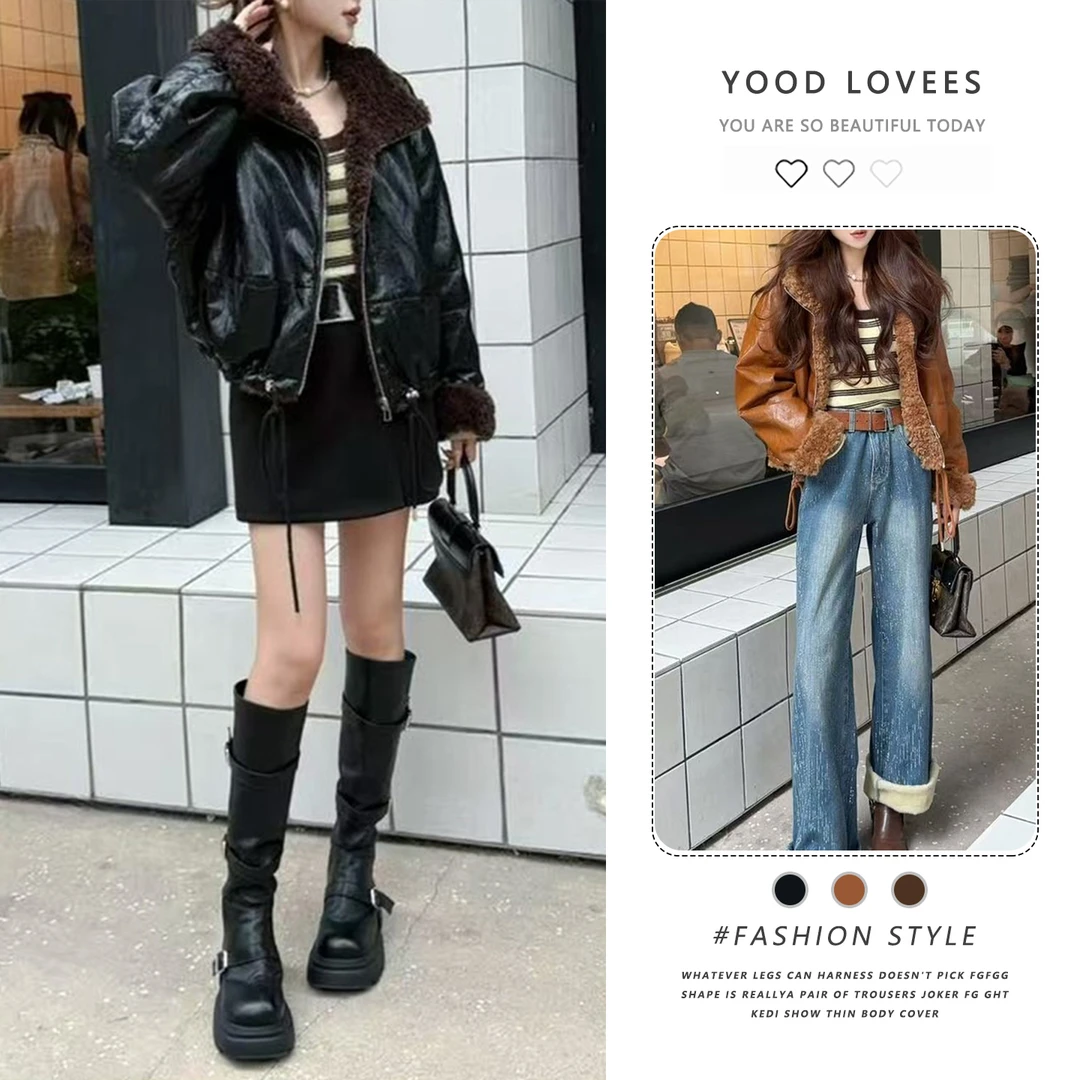 韩版皮毛一体翻领皮衣外套女2025冬季新款加绒显瘦PU皮外套夹克潮