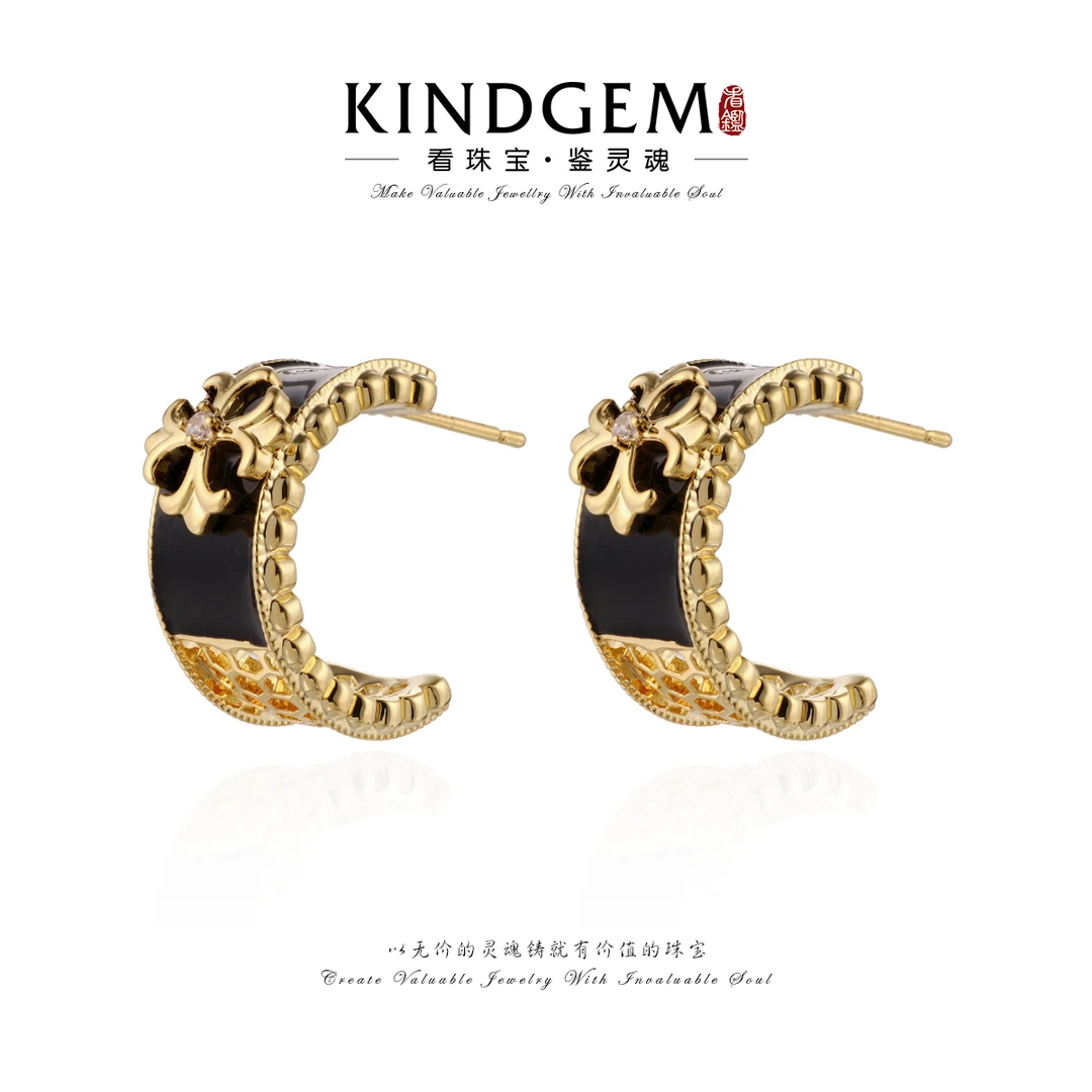 铜合金锆石耳饰 轻奢法式黑色镶嵌气质耳环 C-30199