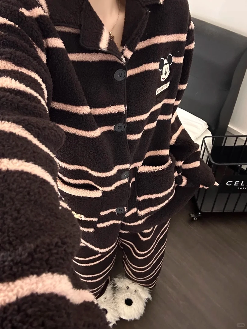 韩系条纹米奇慵懒风珊瑚绒睡衣女冬季新款套装保暖家居服可外穿